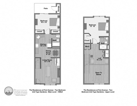 Floor plan for 2 beds, 1.8 baths, 1050 sqft